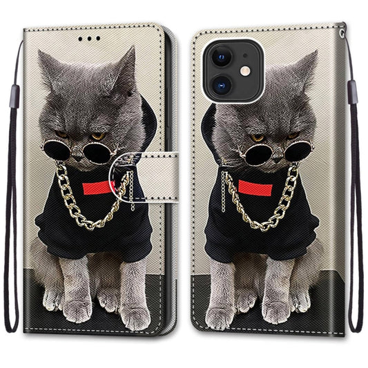For iPhone 12 mini Coloured Drawing Cross Texture Horizontal Flip PU Leather Case with Holder & Card Slots & Wallet & Lanyard (B09 Golden Chain Grey Cat) by buy2fix