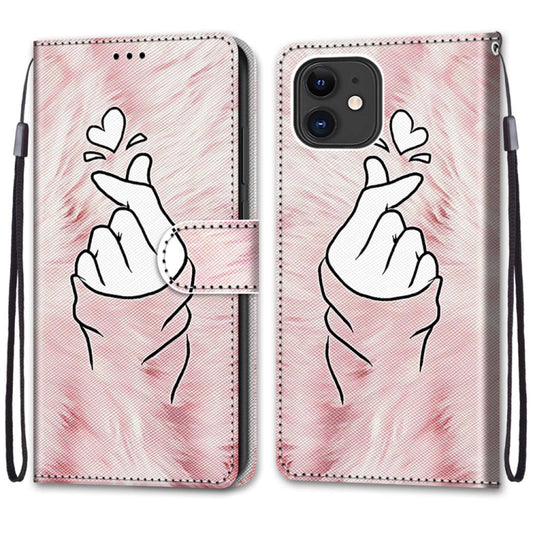 For iPhone 12 mini Coloured Drawing Cross Texture Horizontal Flip PU Leather Case with Holder & Card Slots & Wallet & Lanyard (Pink Hands Heart) by buy2fix