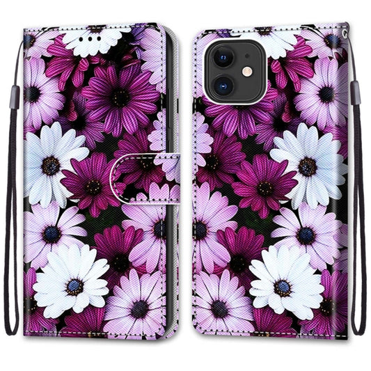 For iPhone 12 mini Coloured Drawing Cross Texture Horizontal Flip PU Leather Case with Holder & Card Slots & Wallet & Lanyard (Chrysanthemum Pink White Purple) by buy2fix