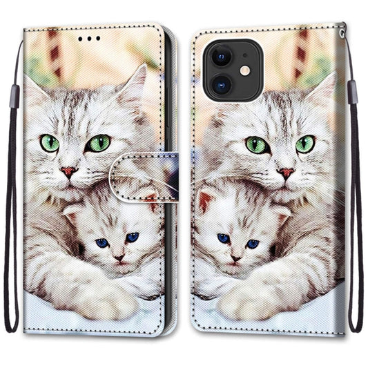 For iPhone 12 / 12 Pro Coloured Drawing Cross Texture Horizontal Flip PU Leather Case with Holder & Card Slots & Wallet & Lanyard(Big Cat Holding Kitten) by buy2fix