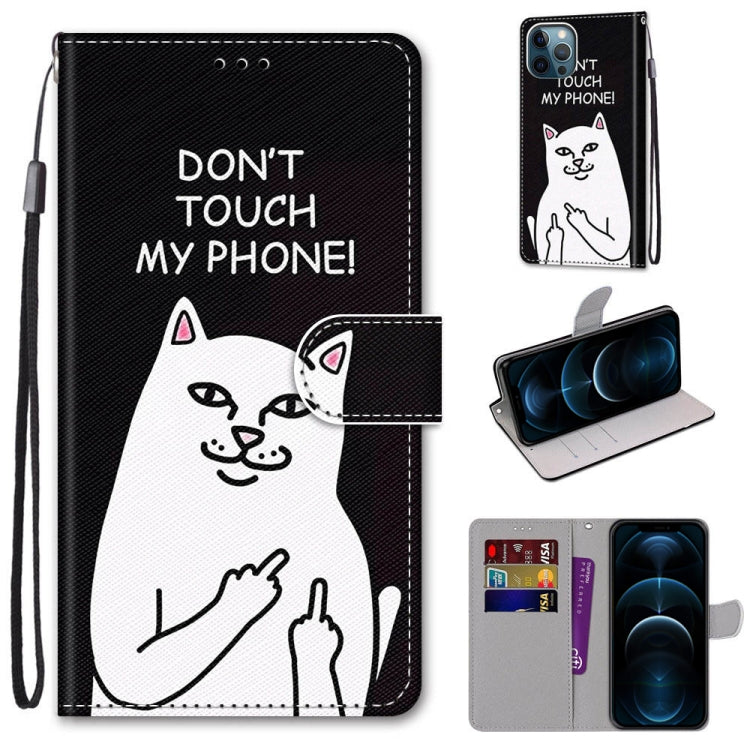For iPhone 12 Pro Max Coloured Drawing Cross Texture Horizontal Flip PU Leather Case with Holder & Card Slots & Wallet & Lanyard(Middle Finger White Cat) - iPhone 12 Pro Max Cases by buy2fix | Online Shopping UK | buy2fix