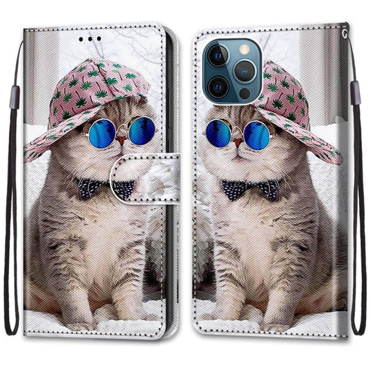For iPhone 12 Pro Max Coloured Drawing Cross Texture Horizontal Flip PU Leather Case with Holder & Card Slots & Wallet & Lanyard(Slant Hat Blue Mirror Cat) by buy2fix