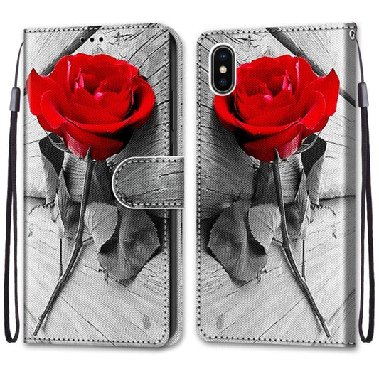 For iPhone X / XS Coloured Drawing Cross Texture Horizontal Flip PU Leather Case with Holder & Card Slots & Wallet & Lanyard(B10 Wood Red Rose) by buy2fix