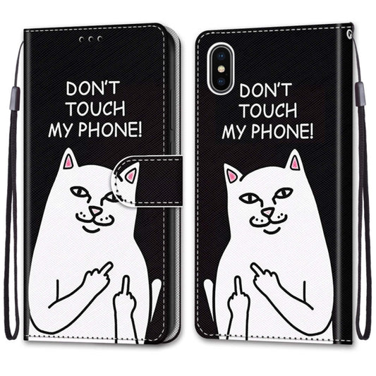 For iPhone X / XS Coloured Drawing Cross Texture Horizontal Flip PU Leather Case with Holder & Card Slots & Wallet & Lanyard(Middle Finger White Cat) by buy2fix