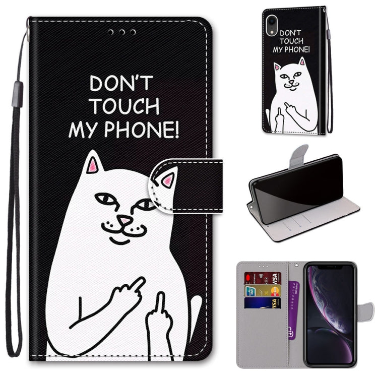 For iPhone XR Coloured Drawing Cross Texture Horizontal Flip PU Leather Case with Holder & Card Slots & Wallet & Lanyard(Middle Finger White Cat) - More iPhone Cases by buy2fix | Online Shopping UK | buy2fix