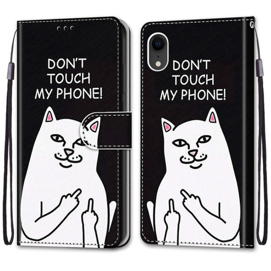 For iPhone XR Coloured Drawing Cross Texture Horizontal Flip PU Leather Case with Holder & Card Slots & Wallet & Lanyard(Middle Finger White Cat) by buy2fix