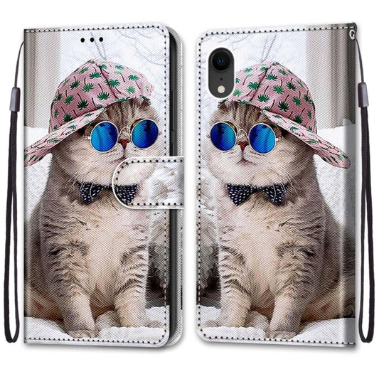 For iPhone XR Coloured Drawing Cross Texture Horizontal Flip PU Leather Case with Holder & Card Slots & Wallet & Lanyard(Slant Hat Blue Mirror Cat) by buy2fix