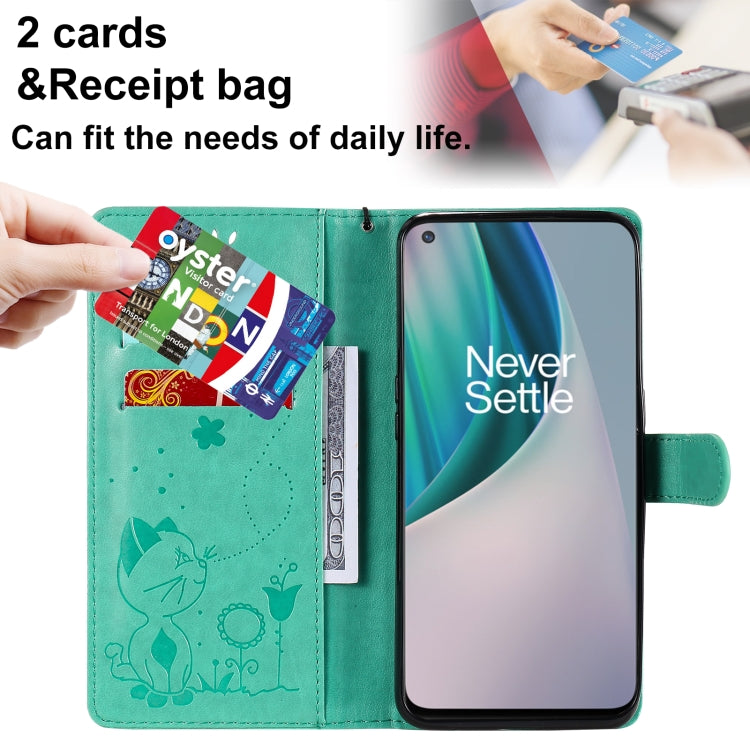 For OnePlus Nord N10 5G Cat Bee Embossing Pattern Shockproof Horizontal Flip Leather Case with Holder & Card Slots & Wallet(Green) - OnePlus Cases by buy2fix | Online Shopping UK | buy2fix