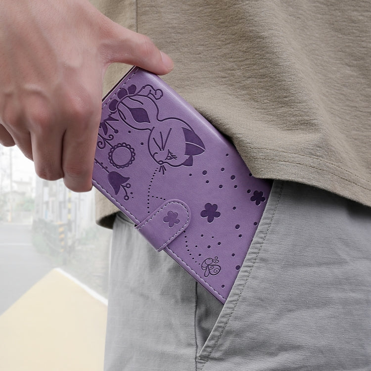 For OPPO Realme 7 Pro Cat Bee Embossing Pattern Shockproof Horizontal Flip Leather Case with Holder & Card Slots & Wallet(Purple) by buy2fix