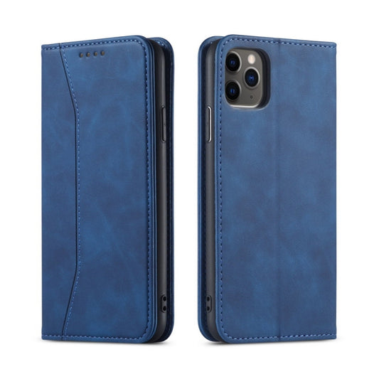 For iPhone 12 / 12 Pro Skin-feel Calfskin Texture Magnetic Dual-Fold Horizontal Flip Leather Case with Holder & Card Slots & Wallet(Blue) by buy2fix