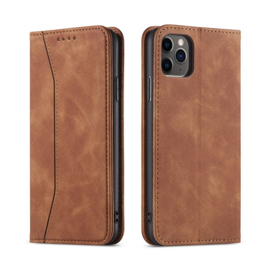 For iPhone 12 / 12 Pro Skin-feel Calfskin Texture Magnetic Dual-Fold Horizontal Flip Leather Case with Holder & Card Slots & Wallet(Brown) by buy2fix