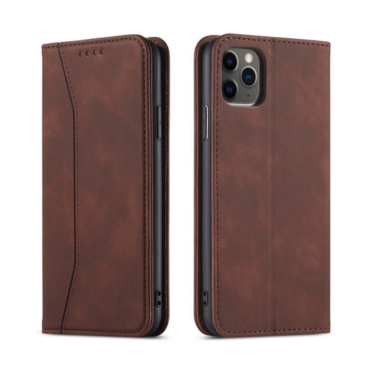For iPhone 12 Pro Max Skin-feel Calfskin Texture Magnetic Dual-Fold Horizontal Flip Leather Case with Holder & Card Slots & Wallet(Coffee) by buy2fix