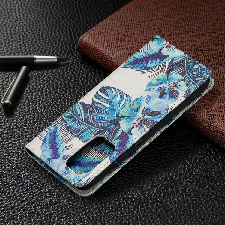 For Samsung Galaxy A52 5G/ 4G Colored Drawing Pattern Invisible Magnetic Horizontal Flip PU Leather Case with Holder & Card Slots & Wallet(Blue Leaf) by buy2fix