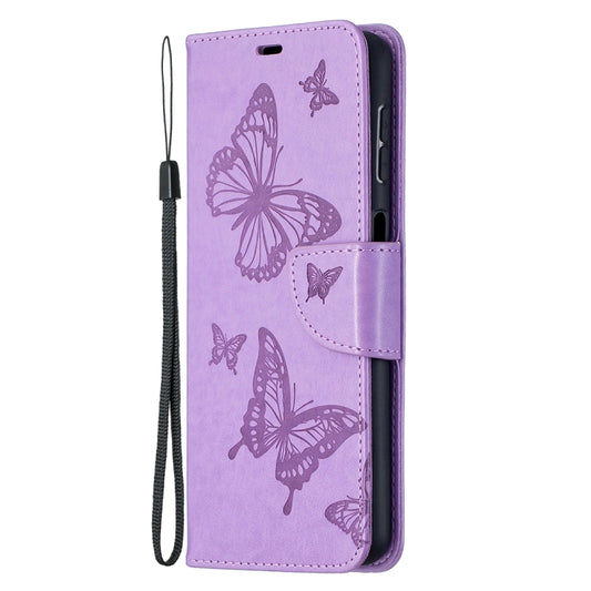 For Samsung Galaxy A32 5G Embossing Two Butterflies Pattern Horizontal Flip PU Leather Case with Holder & Card Slot & Wallet & Lanyard(Purple) by buy2fix
