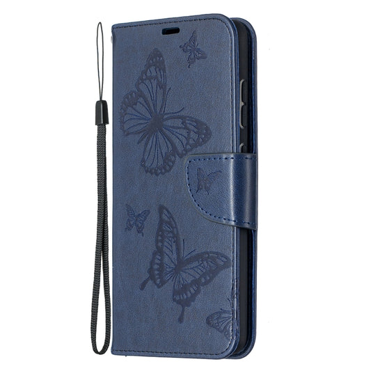 For Samsung Galaxy A52 5G / 4G Embossing Two Butterflies Pattern Horizontal Flip PU Leather Case with Holder & Card Slot & Wallet & Lanyard(Blue) by buy2fix