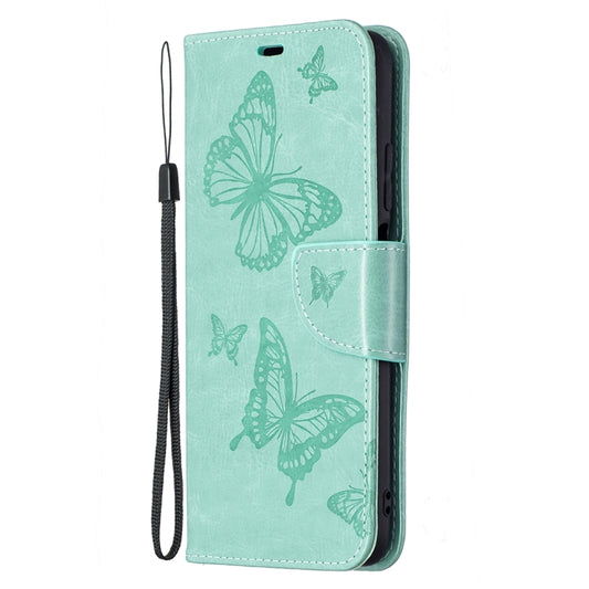 For Xiaomi Poco M3 Embossing Two Butterflies Pattern Horizontal Flip PU Leather Case with Holder & Card Slot & Wallet & Lanyard(Green) by buy2fix