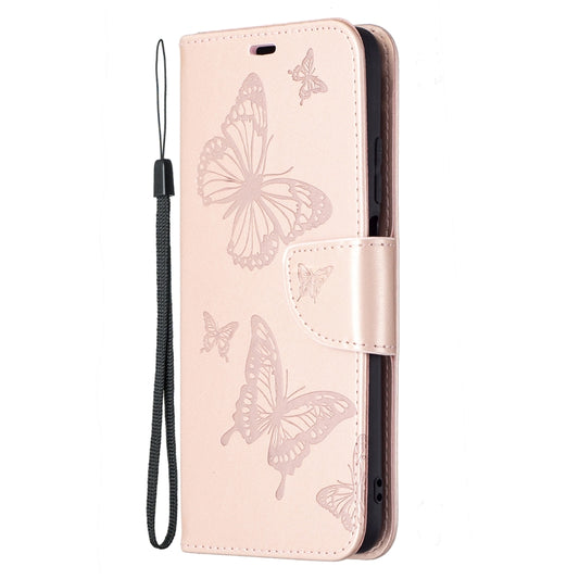 For Xiaomi Poco M3 Embossing Two Butterflies Pattern Horizontal Flip PU Leather Case with Holder & Card Slot & Wallet & Lanyard(Rose Gold) by buy2fix
