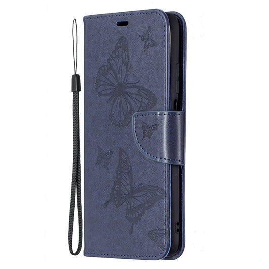 For Xiaomi Poco M3 Embossing Two Butterflies Pattern Horizontal Flip PU Leather Case with Holder & Card Slot & Wallet & Lanyard(Blue) by buy2fix