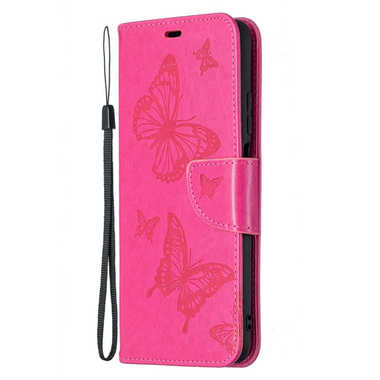 For Xiaomi Poco M3 Embossing Two Butterflies Pattern Horizontal Flip PU Leather Case with Holder & Card Slot & Wallet & Lanyard(Rose Red) by buy2fix