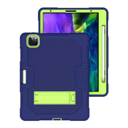 For iPad Pro 12.9 inch (2018/2020) Contrast Color Robot Shockproof Silicone + PC Protective Tablet Case with Holder(Navy Blue Yellow Green) by buy2fix