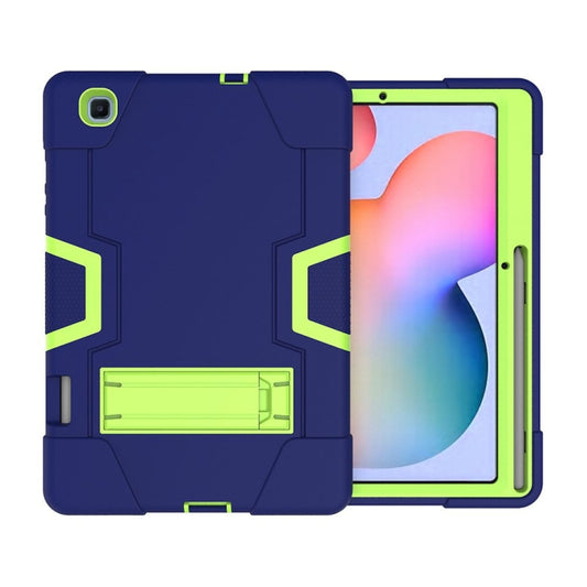 For Samsung Galaxy Tab S6 Lite P610 Contrast Color Robot Shockproof Silicon + PC Protective Case with Holder(Navy Blue + Yellow-green) by buy2fix