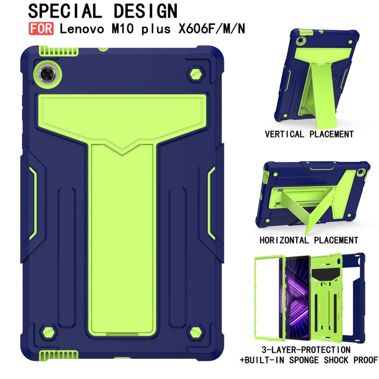 For Lenovo M10 Plus TB-X606F T-shaped Bracket Contrast Color Shockproof PC + Silicone Protective Case(Navy Blue + Yellow Green) - Lenovo by buy2fix | Online Shopping UK | buy2fix