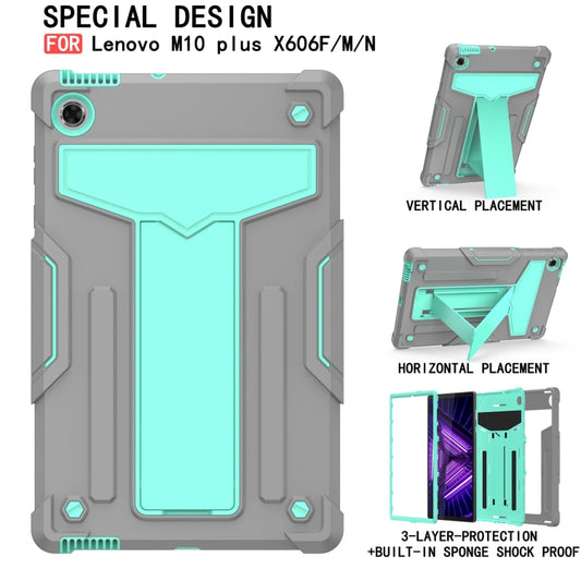 For Lenovo M10 Plus TB-X606F T-shaped Bracket Contrast Color Shockproof PC + Silicone Protective Case(Grey + Mint Green) by buy2fix