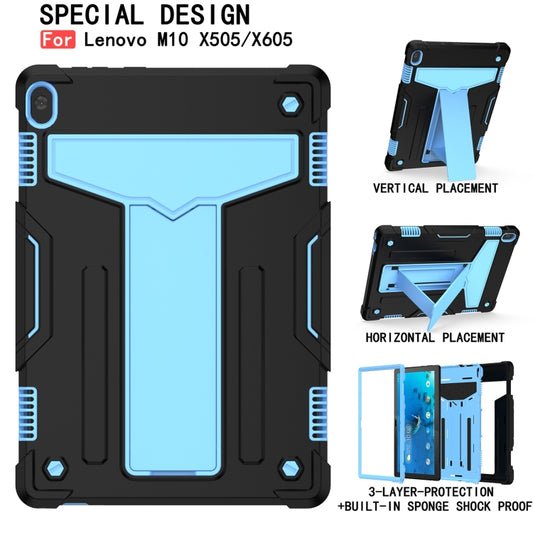 For Lenovo M10 FHD REL TB-X605F T-shaped Bracket Contrast Color Shockproof PC + Silicone Protective Case(Black + Blue) by buy2fix