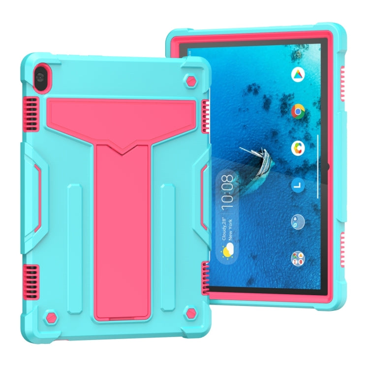 For Lenovo M10 FHD REL TB-X605F T-shaped Bracket Contrast Color Shockproof PC + Silicone Protective Case(Mint Green + Rose Red) - Lenovo by buy2fix | Online Shopping UK | buy2fix