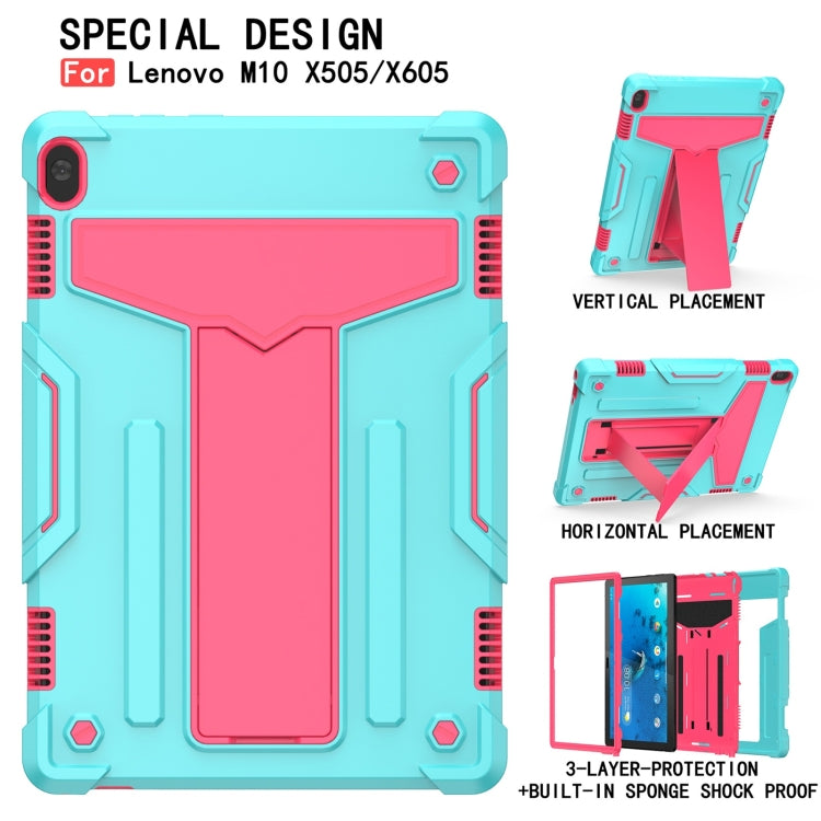 For Lenovo M10 FHD REL TB-X605F T-shaped Bracket Contrast Color Shockproof PC + Silicone Protective Case(Mint Green + Rose Red) - Lenovo by buy2fix | Online Shopping UK | buy2fix
