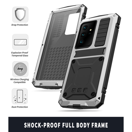 For Samsung Galaxy S21 Ultra 5G R-JUST Shockproof Waterproof Dust-proof Metal + Silicone Protective Case with Holder(Silver) by R-JUST