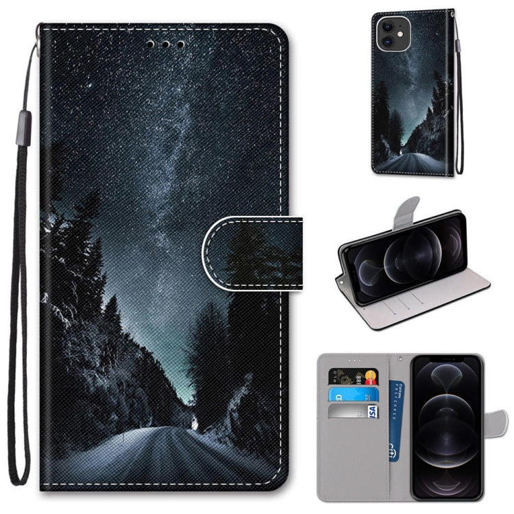 For iPhone 12 mini Coloured Drawing Cross Texture Horizontal Flip Leather Case with Holder & Card Slots & Wallet & Lanyard(Mountain Road Starry Sky) - iPhone 12 mini Cases by buy2fix | Online Shopping UK | buy2fix