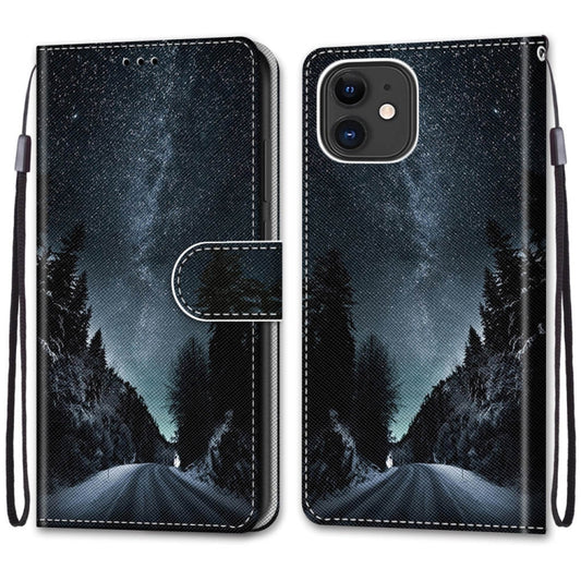 For iPhone 12 mini Coloured Drawing Cross Texture Horizontal Flip Leather Case with Holder & Card Slots & Wallet & Lanyard(Mountain Road Starry Sky) by buy2fix