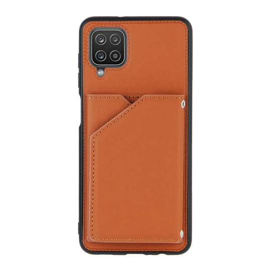 For Samsung Galaxy A12 Skin Feel PU + TPU + PC Back Cover Shockproof Case with Card Slots & Holder & Photo Frame(Brown) by buy2fix