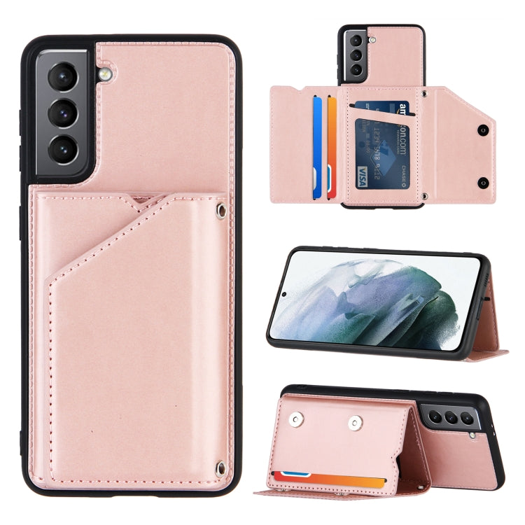 For Samsung Galaxy S21 5G Skin Feel PU + TPU + PC Back Cover Shockproof Case with Card Slots & Holder & Photo Frame(Rose Gold) - Galaxy S21 5G Cases by buy2fix | Online Shopping UK | buy2fix