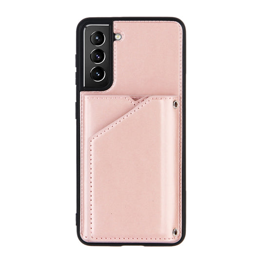 For Samsung Galaxy S21+ 5G Skin Feel PU + TPU + PC Back Cover Shockproof Case with Card Slots & Holder & Photo Frame(Rose Gold) by buy2fix