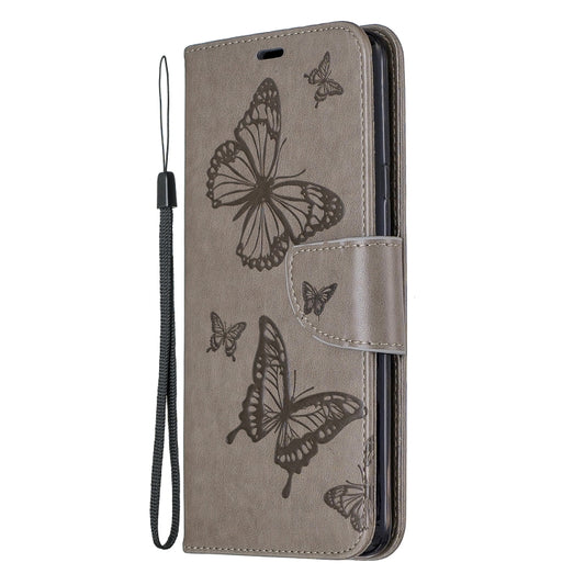 For Galaxy A20s Two Butterflies Embossing Pattern Horizontal Flip Leather Case with Holder & Card Slot & Wallet & Lanyard(Grey) by buy2fix