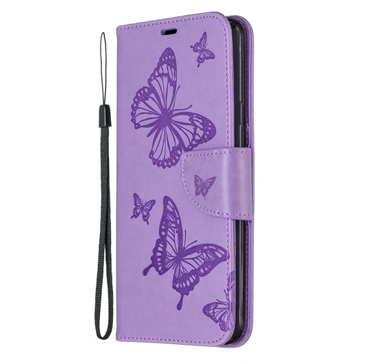For Galaxy A20s Two Butterflies Embossing Pattern Horizontal Flip Leather Case with Holder & Card Slot & Wallet & Lanyard(Purple) by buy2fix