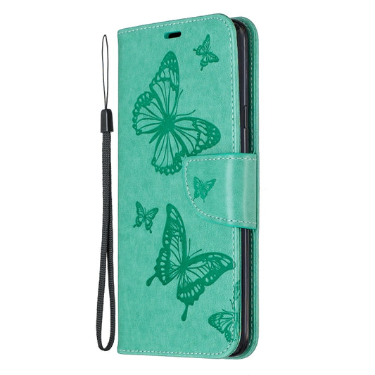 For Galaxy A20s Two Butterflies Embossing Pattern Horizontal Flip Leather Case with Holder & Card Slot & Wallet & Lanyard(Green) by buy2fix