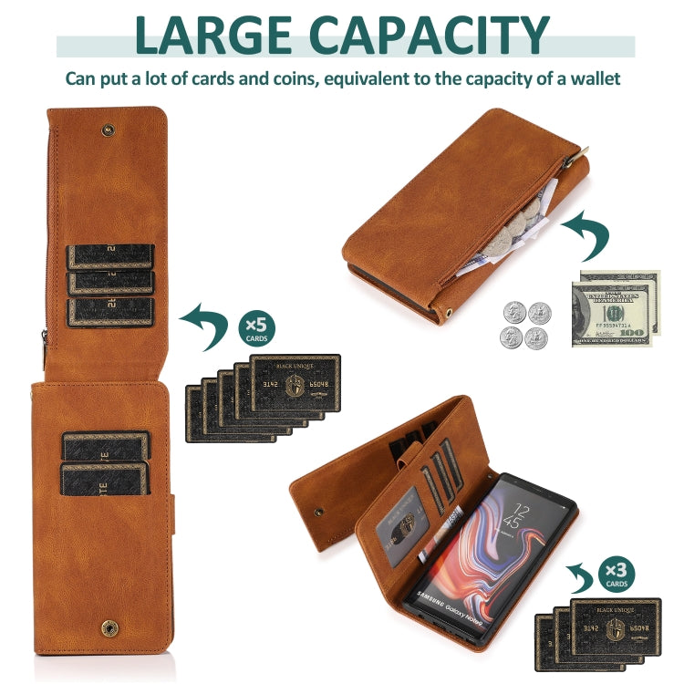 For Samsung Galaxy Note9 Skin-feel Crazy Horse Texture Zipper Wallet Bag Horizontal Flip Leather Case with Holder & Card Slots & Wallet & Lanyard(Brown) - Galaxy Phone Cases by buy2fix | Online Shopping UK | buy2fix