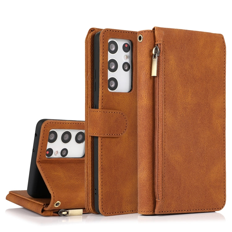 For Samsung Galaxy S21 Ultra 5G Skin-feel Crazy Horse Texture Zipper Wallet Bag Horizontal Flip Leather Case with Holder & Card Slots & Wallet & Lanyard(Brown) - Galaxy S21 Ultra 5G Cases by buy2fix | Online Shopping UK | buy2fix