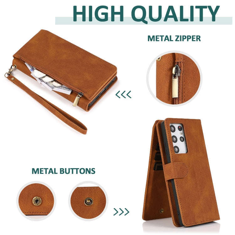 For Samsung Galaxy S21 Ultra 5G Skin-feel Crazy Horse Texture Zipper Wallet Bag Horizontal Flip Leather Case with Holder & Card Slots & Wallet & Lanyard(Brown) - Galaxy S21 Ultra 5G Cases by buy2fix | Online Shopping UK | buy2fix
