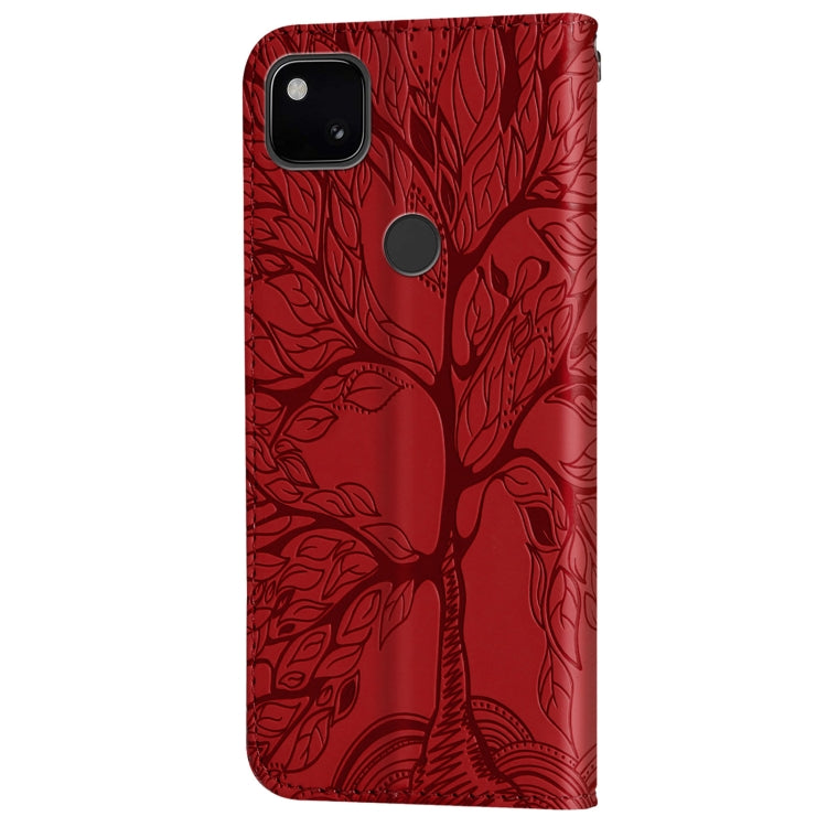 For Google Pixel 4a Life of Tree Embossing Pattern Horizontal Flip Leather Case with Holder & Card Slot & Wallet & Photo Frame & Lanyard(Red) - Google Cases by buy2fix | Online Shopping UK | buy2fix