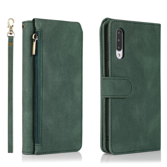 For Samsung Galaxy A50 Skin-feel Crazy Horse Texture Zipper Wallet Bag Horizontal Flip Leather Case with Holder & Card Slots & Wallet & Lanyard(Dark Green) by buy2fix