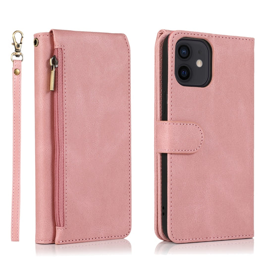 For iPhone 12 / 12 Pro Skin-feel Crazy Horse Texture Zipper Wallet Bag Horizontal Flip Leather Case with Holder & Card Slots & Wallet & Lanyard(Rose Gold) by buy2fix