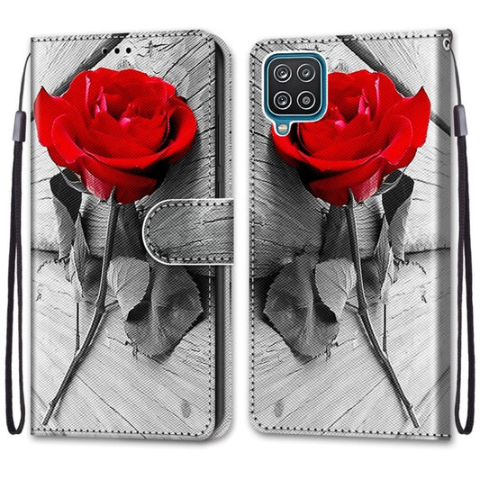For Samsung Galaxy A12 / M12 Coloured Drawing Cross Texture Horizontal Flip PU Leather Case with Holder & Card Slots & Wallet & Lanyard(Wood Red Rose) by buy2fix