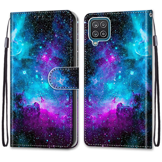 For Samsung Galaxy A12 / M12 Coloured Drawing Cross Texture Horizontal Flip PU Leather Case with Holder & Card Slots & Wallet & Lanyard(Purple Green Starry Sky) by buy2fix