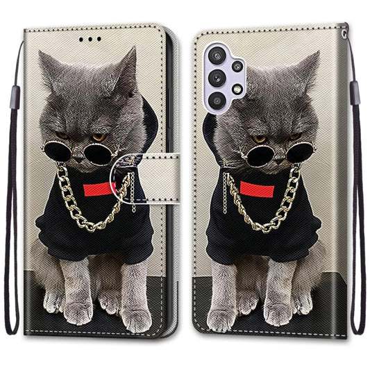 For Samsung Galaxy A32 5G Coloured Drawing Cross Texture Horizontal Flip PU Leather Case with Holder & Card Slots & Wallet & Lanyard(Golden Chain Grey Cat) by buy2fix