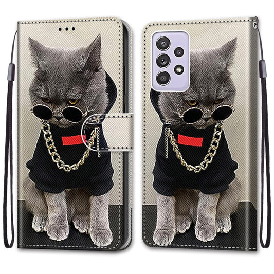 For Samsung Galaxy A52 5G Coloured Drawing Cross Texture Horizontal Flip PU Leather Case with Holder & Card Slots & Wallet & Lanyard(Golden Chain Grey Cat) by buy2fix