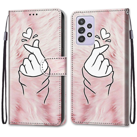 For Samsung Galaxy A52 5G Coloured Drawing Cross Texture Horizontal Flip PU Leather Case with Holder & Card Slots & Wallet & Lanyard(Pink Hands Heart) by buy2fix
